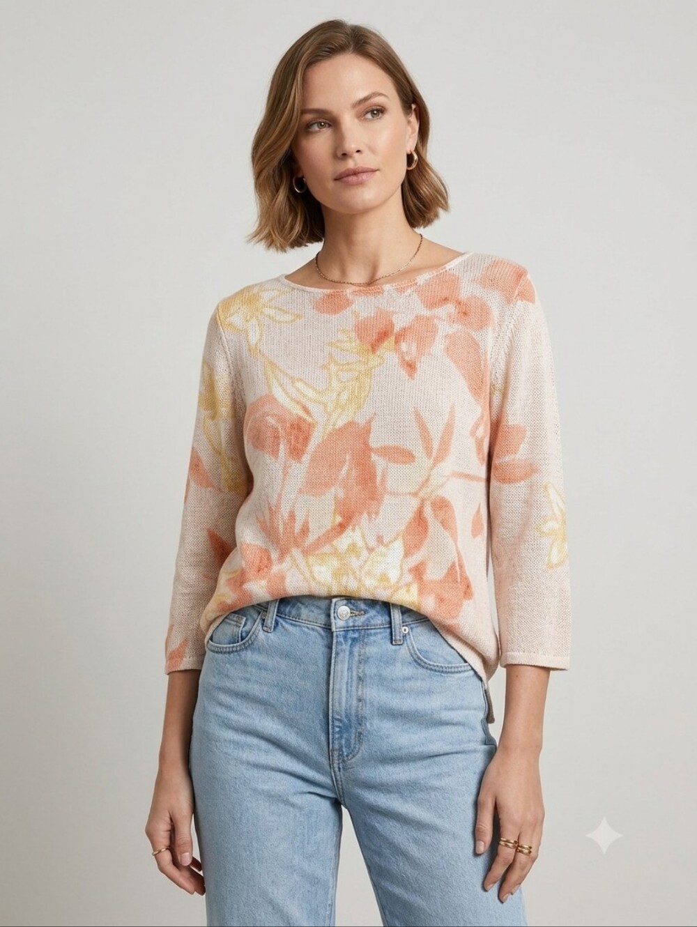 Chico's Abstract Floral Linen Cotton Knit Sweater M L Neutral Coastal Grandma